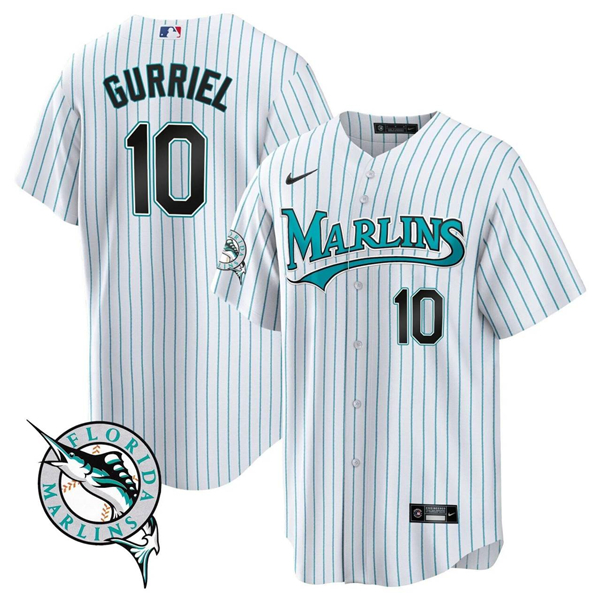 Men's Miami Marlins #10 Yulieski Gurriel White Cool Base Stitched Baseball Jersey Men's Miami Marlins #10 Yulieski Gurriel White Cool Base Stitched Baseball Jersey
